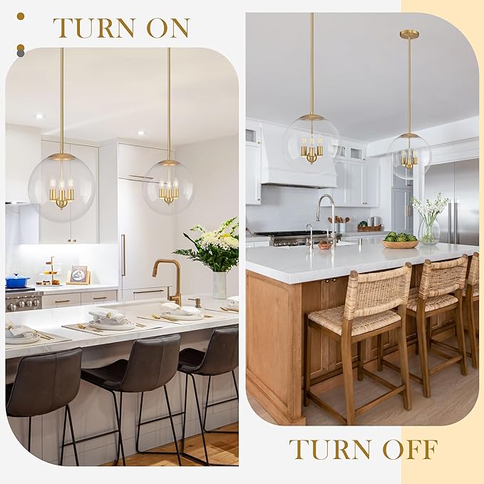 14" Globe Pendant Light Contemporary Globe Pendant Lights Kitchen Island 3 Light Gold Mid Century Pendant Light Clear Glass with Brass Finish Adjustable Hanging Light Fixture for Dining Room