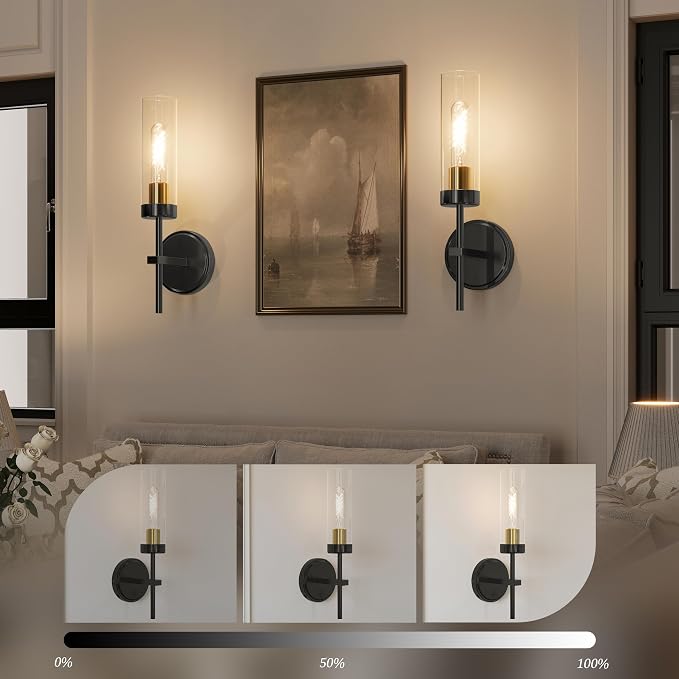 Black Gold Battery Operated Wall Sconce Set of 2, Wireless Wall Sconces with Remote, Rechargeable 3000K Dimmable Wall Light for Bedroom Living Room Bathroom Hallway Entryway Stairwell