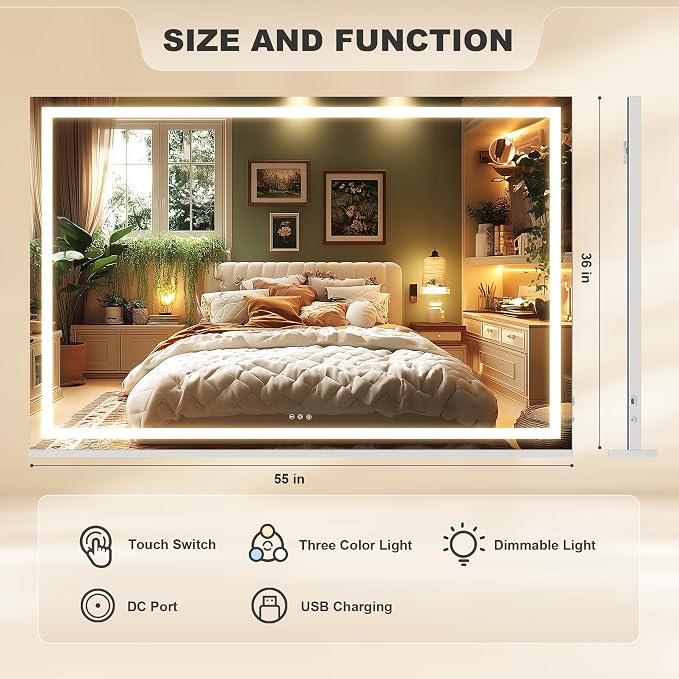 Hasipu Vanity Mirror with Lights, 55" x 36" LED Makeup Mirror, Lighted Makeup Mirror with Dimmable 3 Modes, Touch Screen Control Vanity Mirror Square White