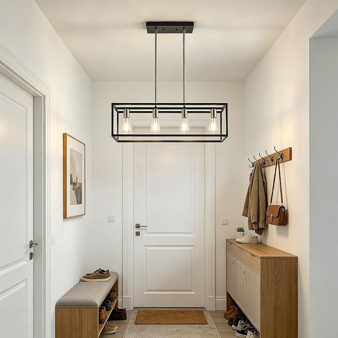 Black&Brushed Nickel Kitchen Light Fixtures Farmhouse Rectangle Chandeliers Dining Room Light for Dining Rooms, Light Fixture Matte 4-Light Industrial Pendant Lighting