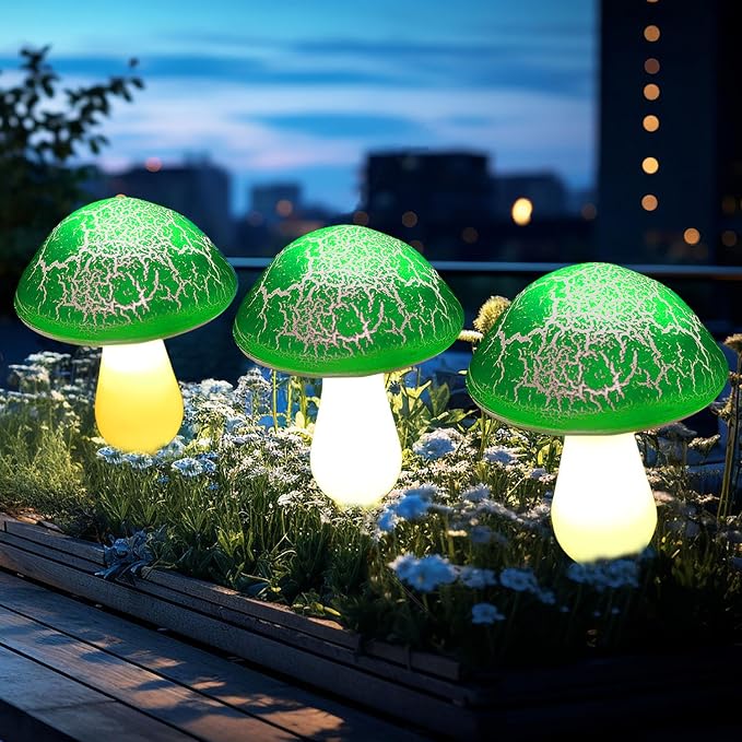 Solar Mushroom Lights Garden Decor 8 Green Crack Mushrooms Outdoor Decor Stake Lights Waterproof Solar Pathway Light Gardening Gifts for St Patrick's Day Easter Gnomes Yard Halloween Xmas Decorations