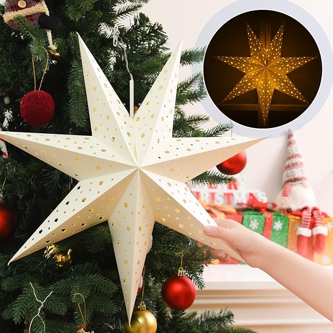 Mudder 19.7 Inch Christmas Star Paper Lantern 7 Pointed Christmas Window Lantern with 10 LED Light Strings Hanging Pendant Xmas Tree Ornaments for Holiday Decor Home(Classic,White)