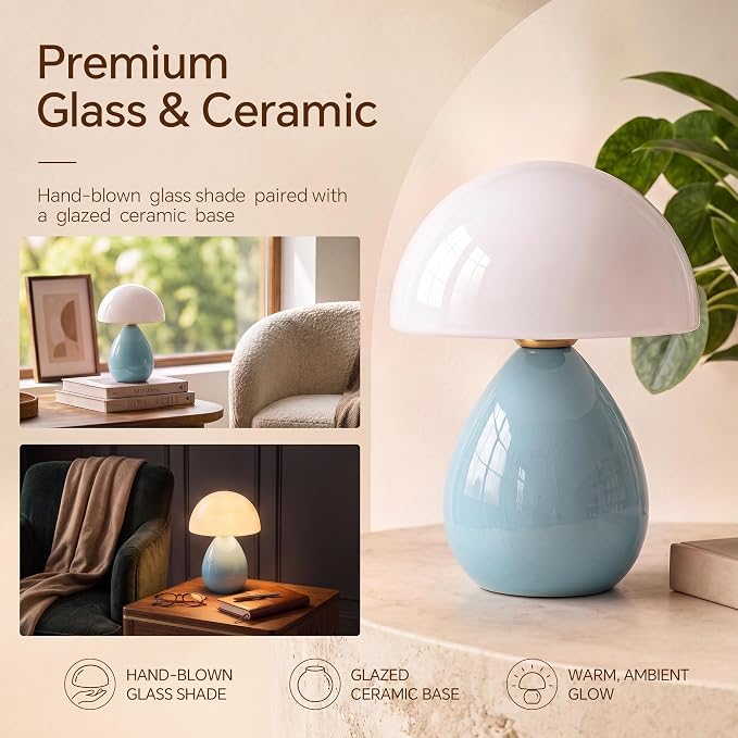 Mushroom Lamp Table Lamp for Bedroom,Ice Crackle Desk Lamp Bedside Small Lamps for Living Room Night Stands,Table Lamps Cute Modern Mid Century Lamps (Blue-Ice Crackle)