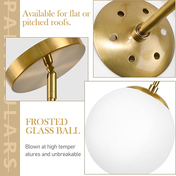 8" Globe Pendant Light Gold 2 Pack Mid Century Pendant Light Globe Pendant Lights Kitchen Island Brushed Brass Finished with Milk Glass Adjustable Ceiling Light Fixtures for Dining Room Bar
