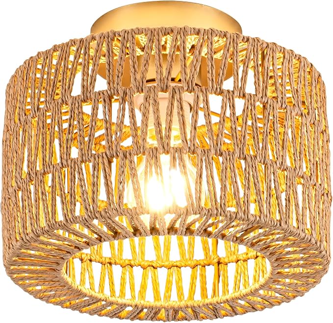 Rattan Ceiling Light, Gold Semi Flush Mount Ceiling Light, Boho Light Fixture for Bedroom Entryway Hallway, 1 Light