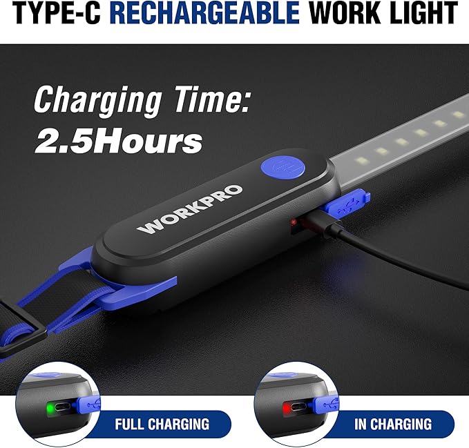 WORKPRO Rechargeable Underhood Work Light, 25inch Long Foldable LED Work Light Bar, 3 Lighting Modes with Adjustable Straps and Hooks, Magnetic Light for Car Repairing/Garage/Workshop/Emergency