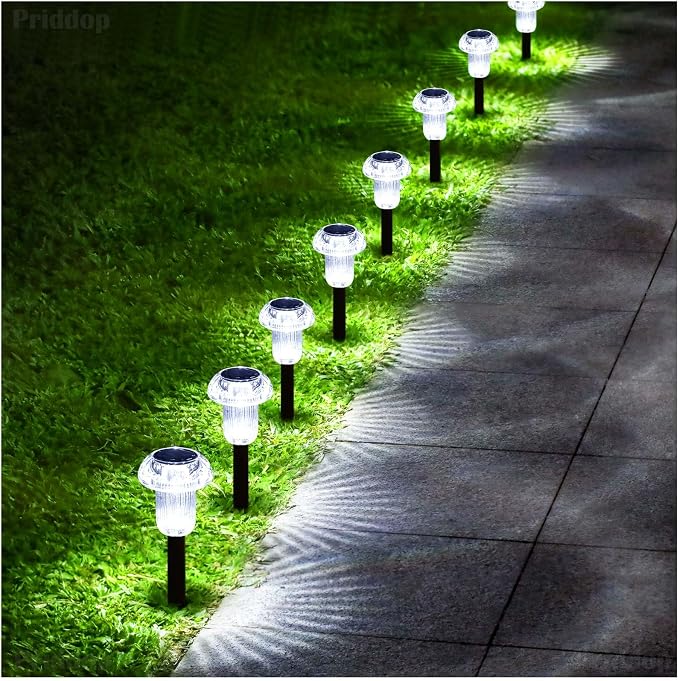Priddop 8 Pack Solar Pathway Lights Outdoor Waterproof 6000K Cool White LED | Auto On/Off Mushroom Stake Lights for Yard Patio Lawn Driveway Walkway Garden Decor, Acrylic/ABS Landscape Path Lights