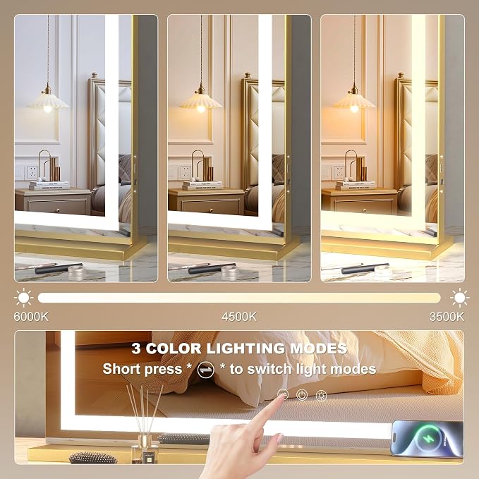 Hasipu Vanity Mirror with Lights, 32" x 22.4" LED Makeup Mirror, Lighted Makeup Mirror with Dimmable 3 Modes
