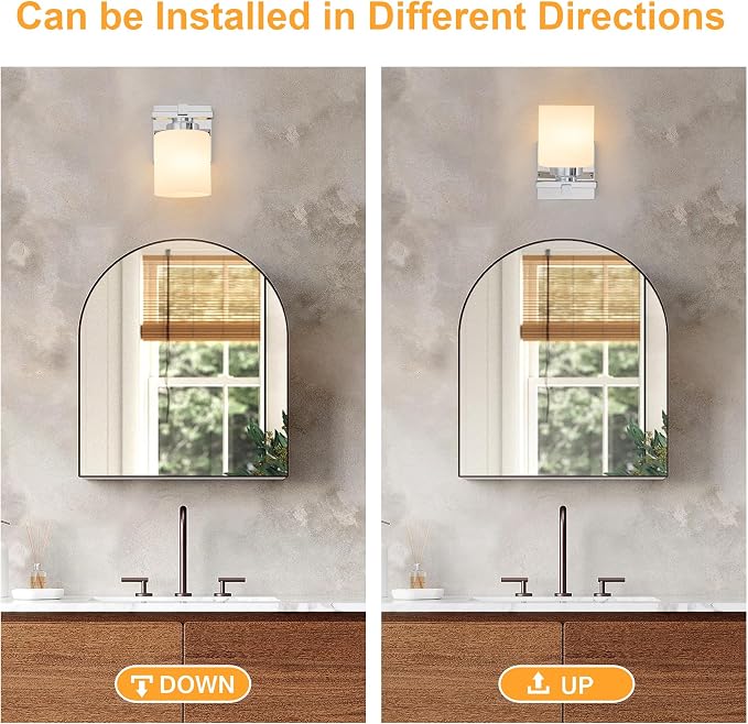 Modern Bathroom Light Fixtures Over Mirror, Vanity Lights for Bathroom Wall Sconces with Milky White Glass Shades, E26 Socket (Bulbs Not Included), 1 Light, Chrome