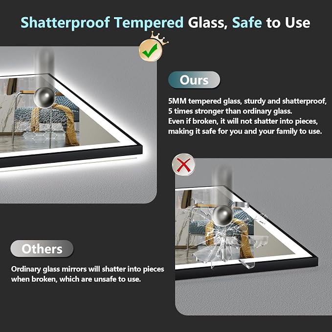 30x36 Black LED Bathroom Mirror, Backlit & Front Lit Lighted Mirror | Metal Framed Anti-Fog Vanity Mirror with Lights, 3 Color Dimmable, Memory, Tempered Glass, CRI95, IP54, Horizontal/Vertical