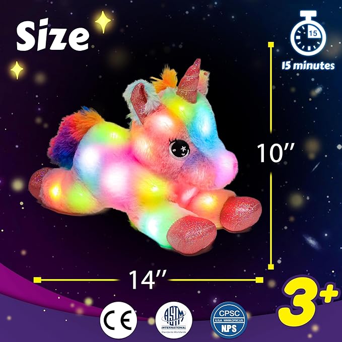 Easfan LED Unicorn Plush Light-up Stuffed Animal with Colorful Night Lights Glow in The Dark Birthday Festival for Kids Toddlers Girls Rainbow,10”