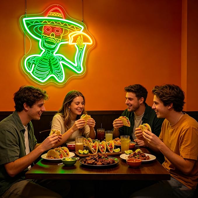 Neon Sign, Tacos Skul Neon Signs for Wall Decor LED Sign Neon Light | Green Skull Neon Sign, Skeleton Taco LED Signs for Mexico Restaurant, Mexican Kitchen, Halloween Decor, Gift, USB Powered