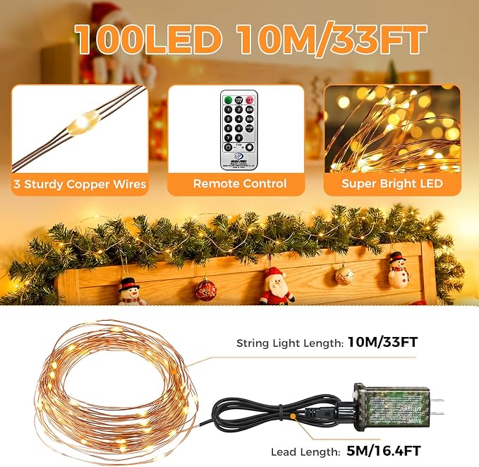 btfarm 2 Pack Fairy Lights Plug in with Remote, 33FT 100 LED Twinkle Lights | Dimmable & Timer, 8 Modes String Lights, IP65 Waterproof for Bedroom Garden Christmas Decorations Indoor Outdoor, Warm White