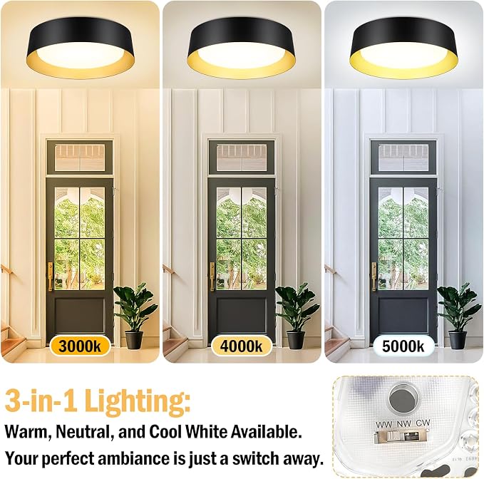 BrightHome Flush Mount Ceiling Light, 16in Modern Ceiling Light 3/4/5000K | 30W Bathroom Ceiling Light Fixture, 3000LM Dimmable LED Flush Mount Light for Bedroom, Hallway, Kitchen, Black & Gold