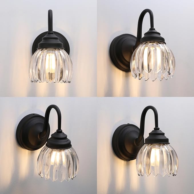Phansthy Vintage Brass Boho Wall Sconce, Hardwired Wall Light with Tulip Glass Lampshade, Brass Vanity Lamp Modern Wall Lighting Fixtures for Bedroom, Living Room, Hallway (Black + Clear Shade)
