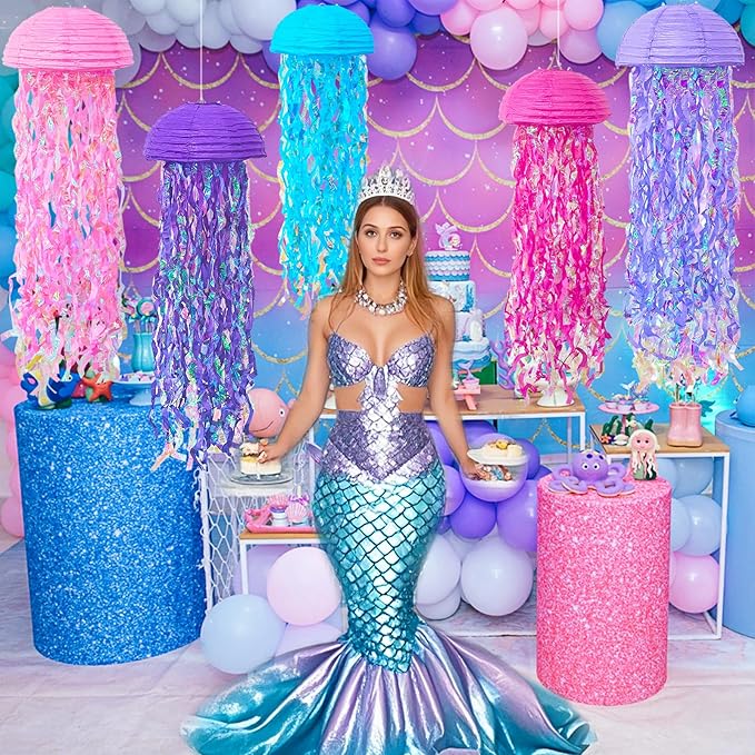 ADLKGG Pink Purple Blue Jellyfish Paper Lanterns, Under The Sea Party Decorations, Hanging Jelly Fish for Mermaid Birthday Ocean Themed Party Decorations, Baby Shower Classroom Decor, 6PCS