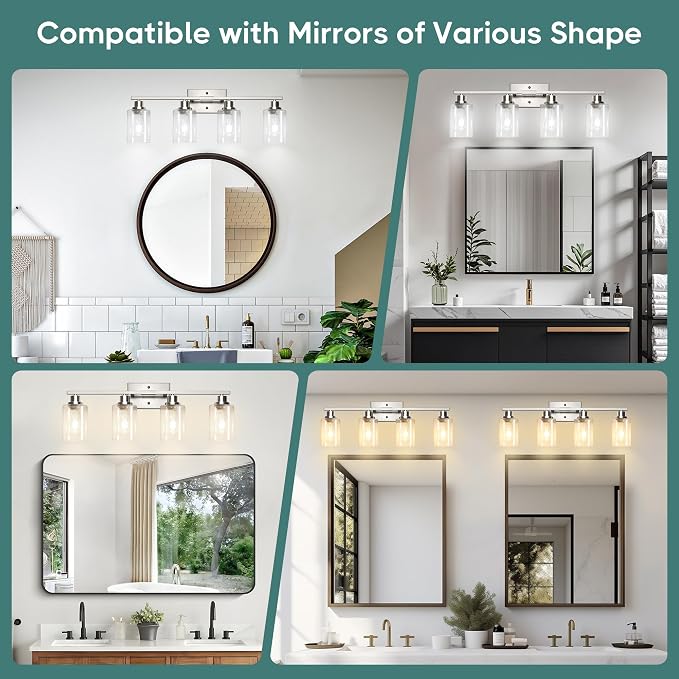 Ascher Bathroom Light Fixtures, 4-Light Vanity Light Over Mirror, Brushed Nickel Wall Sconces with Clear Glass Shades, Wall Lamp for Living Room Bedroom, E26 Base(Bulbs Not Included)