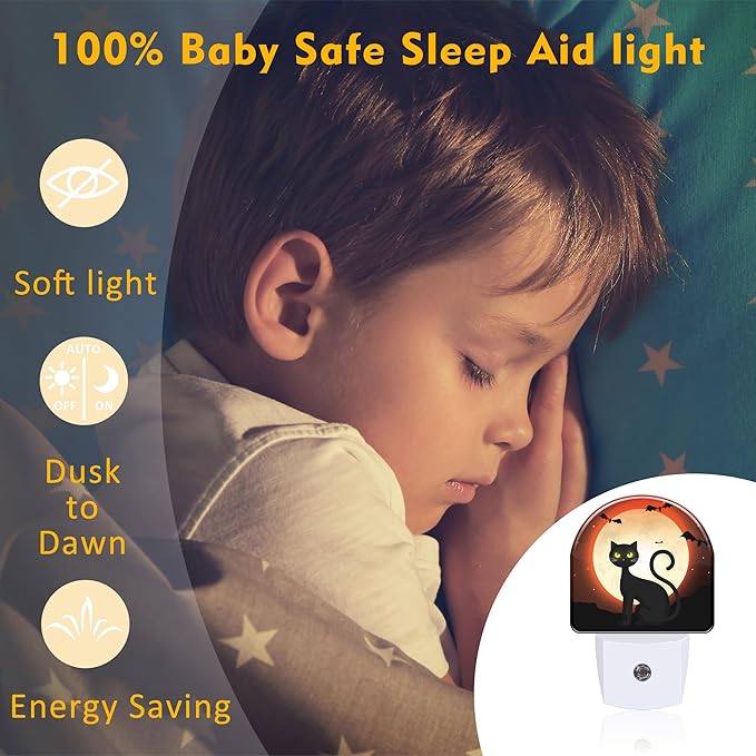 Black Cat with Full Moon Night Light, Halloween Cat Bats Dusk to Dawn Night Light Plug in,0.5w Energy Saving Sleep Friendly NightLight for Kids Boys Girls Home Decor