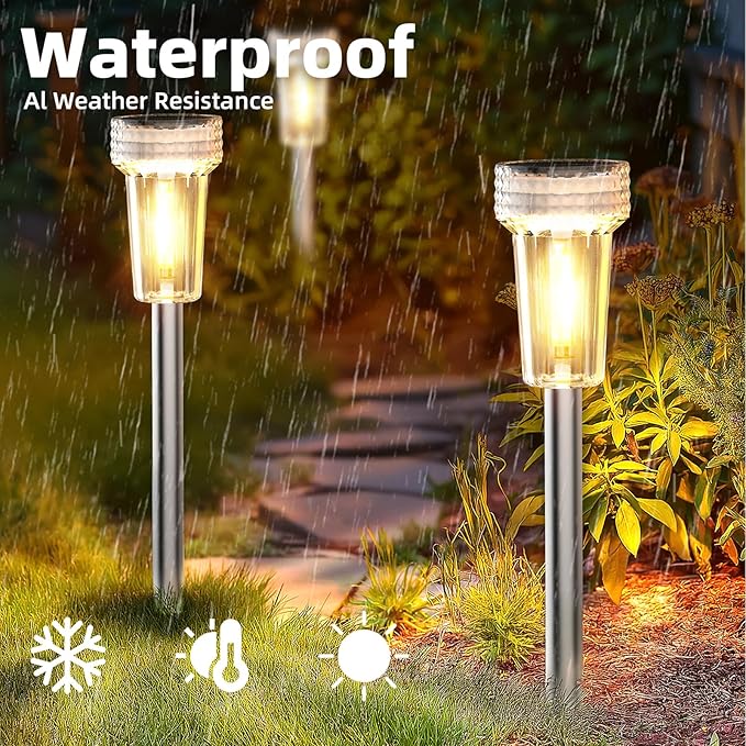 DERAYSION Solar Lights Outdoor, 8 Pack Solar Pathway Lights Dusk-to-Dawn Garden Lighting, Waterproof LED Stainless Steel Pole, Outdoor Solar Lights for Path Walkway Yard Driveway Decor - Warm White