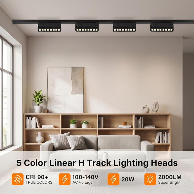 5 Color Linear H Track Lighting Heads Dimmable, Black 20W 1 Pack | LED Track Lighting Fixtures Ceiling Grille Light, H Type Track Heads Compatible with H Track Lighting Rails