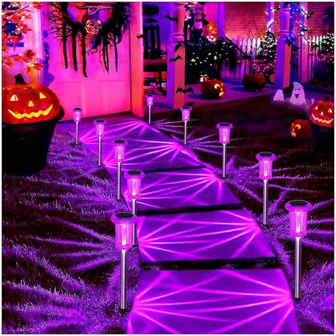 DenicMic Solar Halloween Lights Outdoor 15 Pack Purple LED Halloween Decor | Yard Garden Pathway Walkway Driveway Landscape Spike Style Starburst Light Pattern, IP65 Waterproof, Acrylic/Stainless Steel