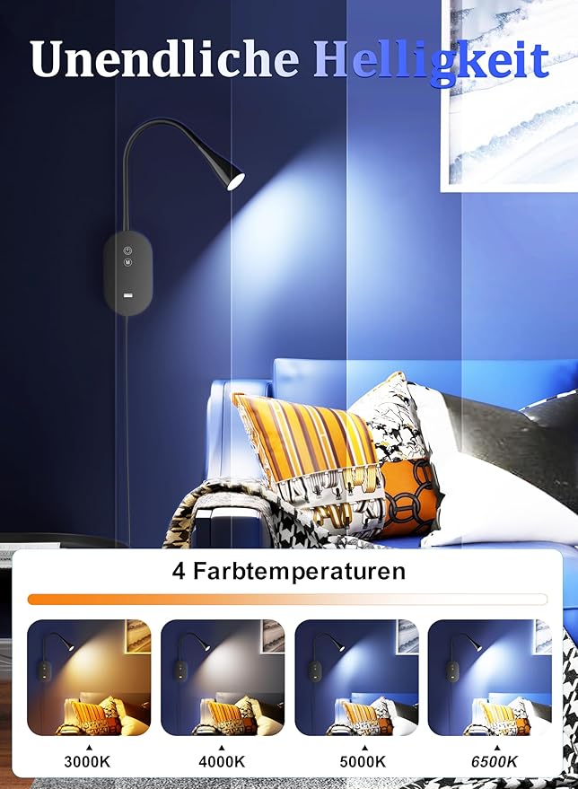 Wall Reading Light for Bed – 4 Color Modes, 5‑Level Dimmable Reading Lamp, CRI 95+ Natural Sunlight, USB Output Charge & Auto Memory Black