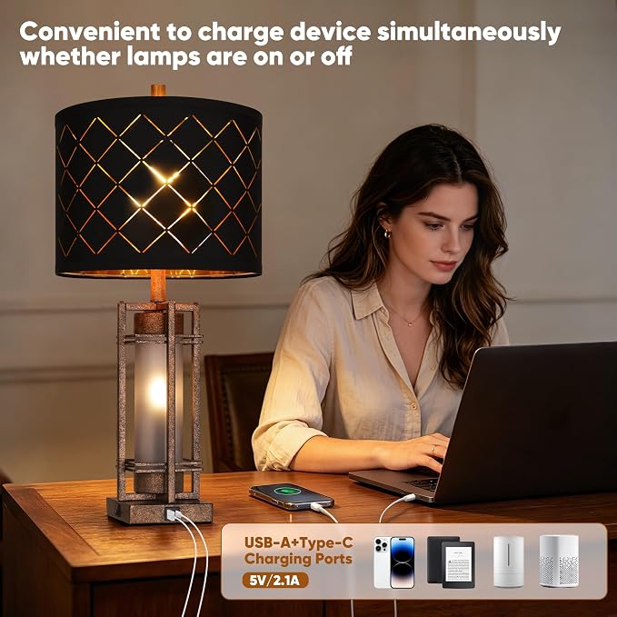 WIHTU Vintage Finish Table Lamp Set of 2 with USB Ports, Metal Desk Lamps | Black Grid Shade, Square Base, LED Bulbs Included E26 Base, with USB Port, Rocker Switch, Desk Lamps for Living Room, Bedroom