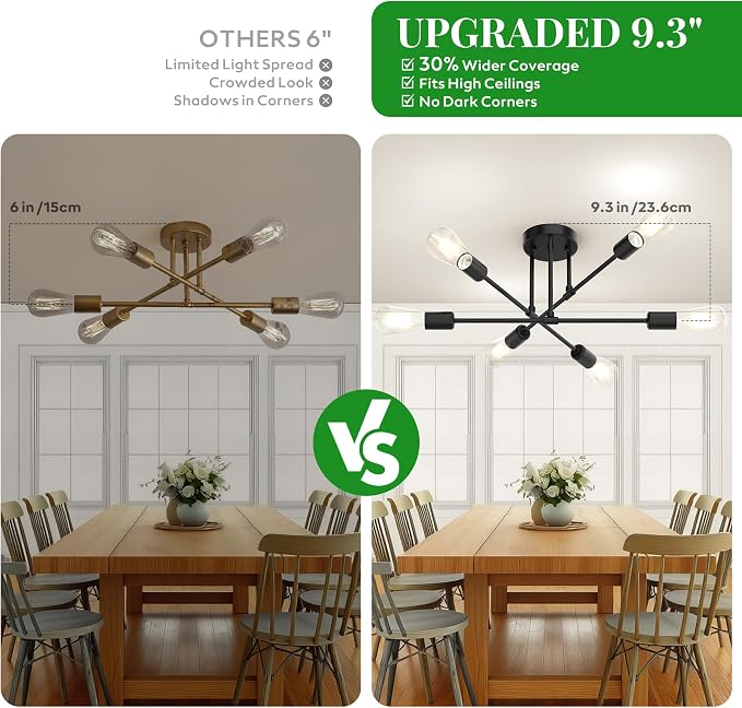 Modern Sputnik Chandelier Ceiling Light Fixtures, 6-Lights 22” Mid Century Industrial Metal Semi Flush Mount for Dining Room, Bedroom, Living Room, 6 T64 Bulbs