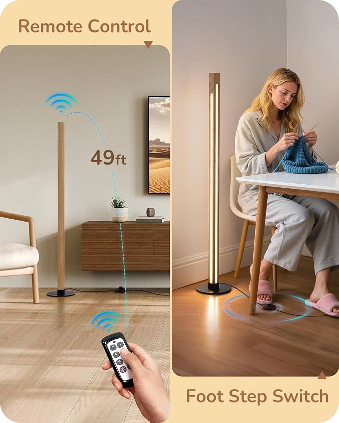 EDISHINE Wooden LED Floor Lamp with Remote, Dual Lighting, 7CCT & Dimmable | Foot Switch, Night Light Mode, Memory Function, Standing Lamp for Bedroom, Office, Walnut Wood