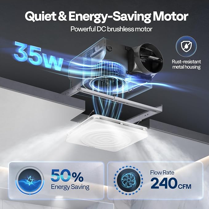 VIVOHOME 240 CFM Bathroom Exhaust Fan with Humidity Sensor - 1.6 Sones Quiet Energy-Saving EC Motor, 6-Speed AutoFlow Remote, 11 x 12 in Easy Retrofit, 6-Inch Duct Kit Included