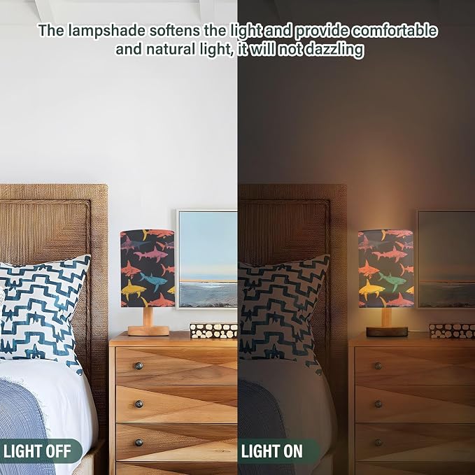Fustylead Retro Colorful Sharks Undersea Animal Bedside Table Lamps with USB Port for Bedroom Lamp Small Nightstand Lamp Sturdy Linen Shade Wooden Decorative Lamps for Nursery Kids Reading Dorm Home