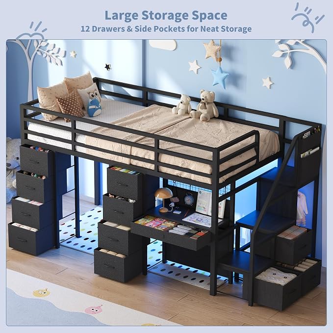 Twin Loft Bed with Desk, 12 Drawers, RGB Lights & Wide Step Stairs, Black | Built-in Power Outlet, Clothes Rack, Pockets, Display Grid, Under Bed Play Fort, 11.8''H Safety Guardrail & Ladder