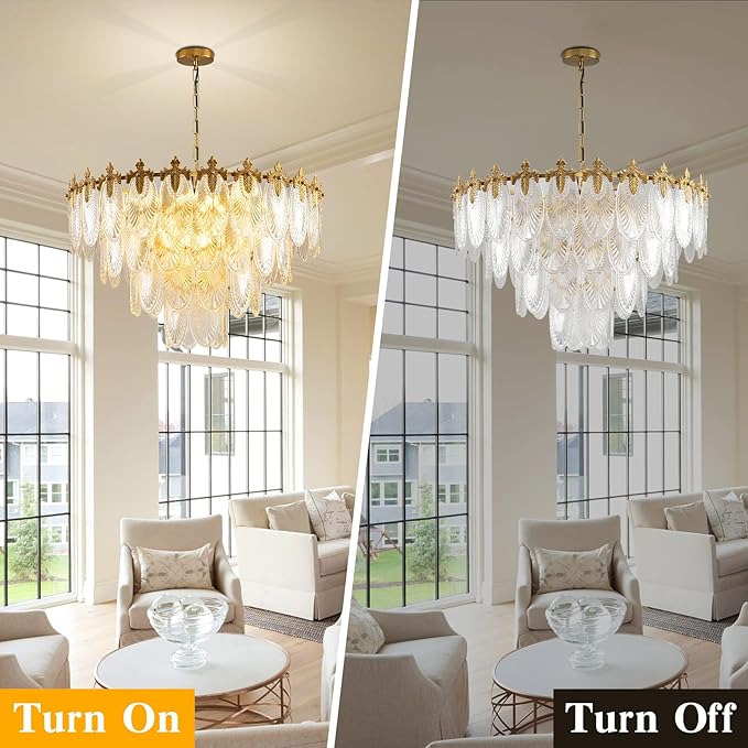 Modern Large Crystal Chandelier, 4-Layer Gold Glass Chandelier, 12 Light Round Antique Ceiling Pendant Light, 31.5 Inchs Adjustable Height for Foyer, Living Room, Bedroom, Dining Room