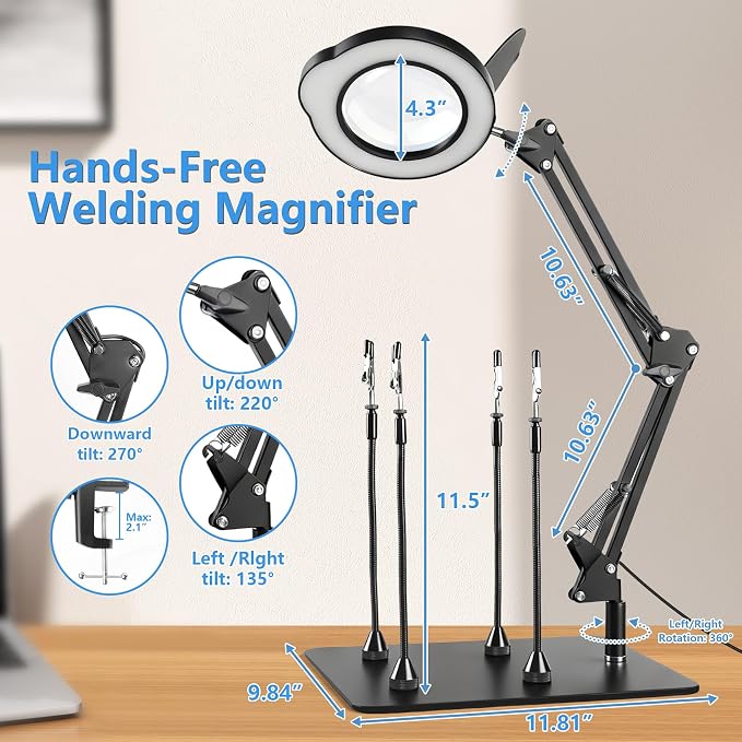 10X Magnifying Glass with Light and Stand, Black 4.3" Helping Hands Soldering Station with 4 Flexible Helping Arms, 5 Color Mode, 10 Dimmable Levels for Electronics Repair, Jewelry, Hobby