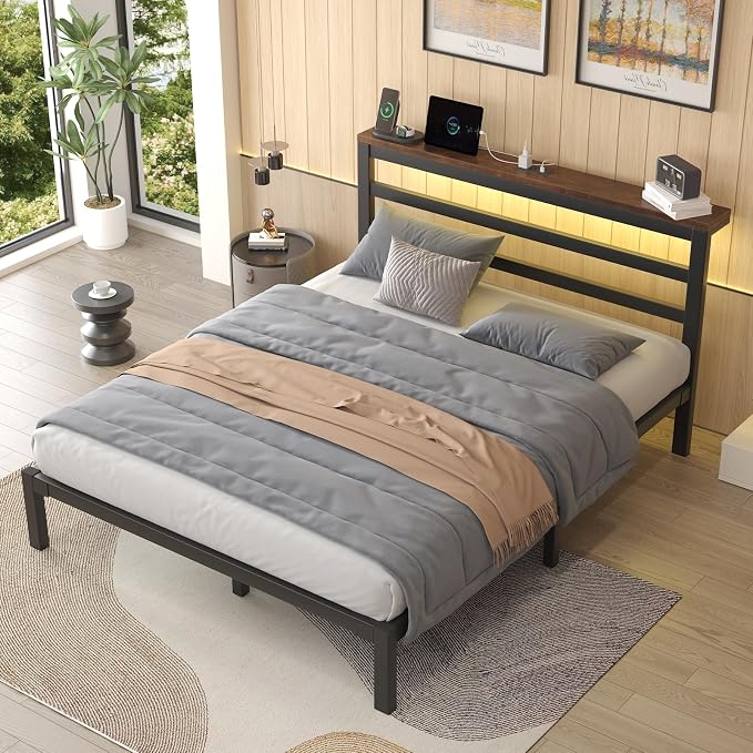 Queen Size Metal Bed Frame with Storage Headboard & LED Lights, Black | Built-In Charging Station, Under-Bed Storage, Heavy Duty Metal Slats, No Box Spring Needed, Solid and Stable, Easy Assembly