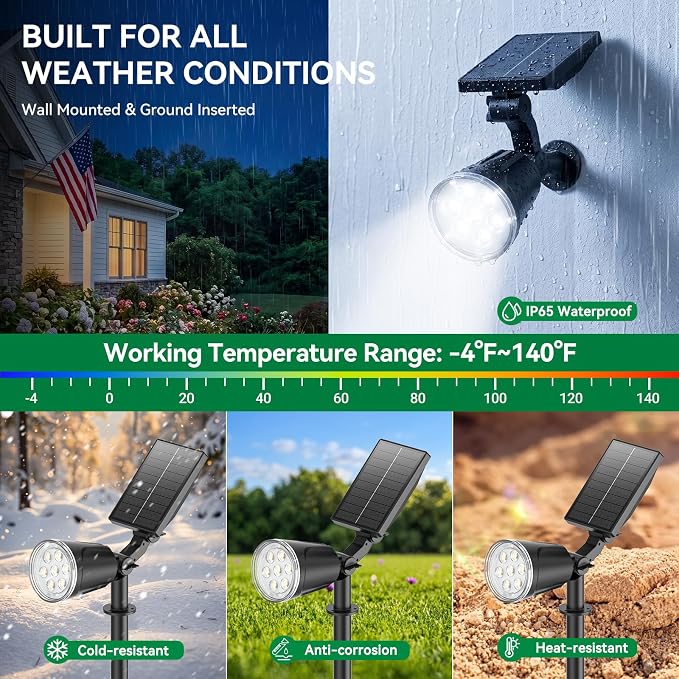 Solar Lights Outdoor Spot Light Waterproof: 1000LM Adjustable Cool White Spotlights - 2-in-1 15Hrs+ Bright Wall Spot Light - Solar Powered Landscape Spotlight for Garden, Yard, Tree, Flag