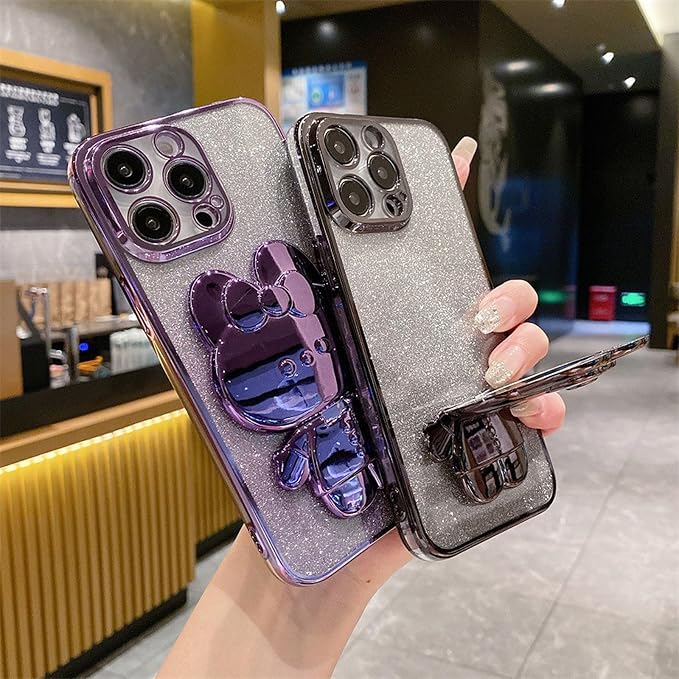 Kawaii Phone Case for iPhone 12 Pro with Cartoon Foldable Makeup Mirror Silicone Protective Case Cover for Women & Girl Pink