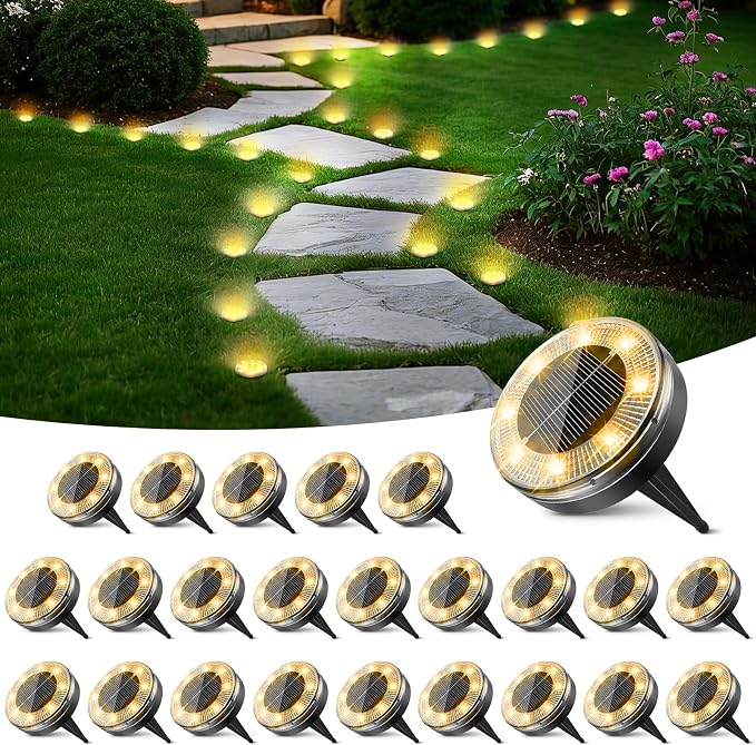 Mini Solar Ground Lights, 24 Pack Flat Solar Disc Lights Outdoor Waterproof, 2.3 Inch Small Solar Garden Lights Landscape Lighting for Outside Pathway Garden Yard Lawn Walkway,Warm White