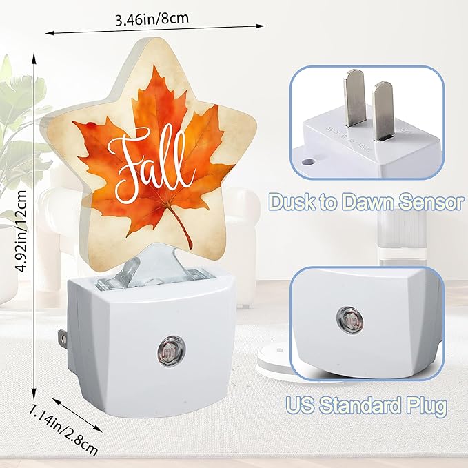 Night Light,Fall Maple Leaf Plug into Wall with Dusk to Dawn Light Sensors,Thanksgiving Day Warm Star Nightlights for Bedroom,Bathroom,Hallway,Kitchen Home Decor Desk Lamp