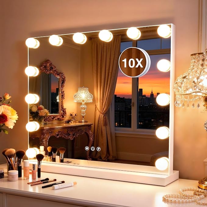 Vanity Makeup Mirror with Lights,Hollywood Vanity Mirror with 3 Color Modes,Lighted Vanity Mirror with Dimmable LED Bulbs &10X Magnification for Desk,Bedroom,Tabletop (White, 20.5" x 15.7")