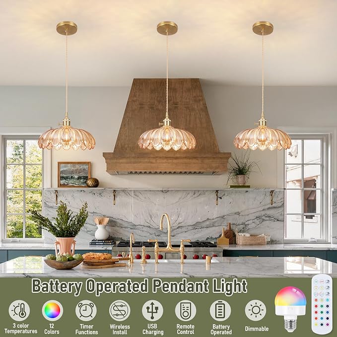 Battery Operated Pendant Light,Vintage Light Fixtures 2500mAh 9.8in RGB Light Bulb with Remote Control Wireless Adjustable Rechargeable Chandelier for Kitchen Island Hallway 1Light