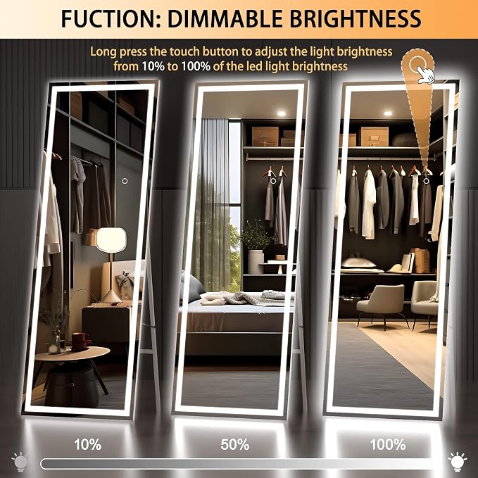 Hasipu Full Length Mirror with Lights, 66.9" x 23.6" LED Lighted Floor Standing, Full Body Dressing Hanging Mounted Mirror, Tempered Glass