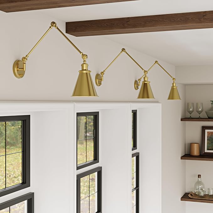 Plug in Wall Sconces Set of Two, Gold Swing Arm Wall Lamp with 6.6FT Plug-in Cord and Knob Switch, Metal Hardwired Wall Lights for Bedroom, Reading, Study Room, Office, Living Room (2 Pack)