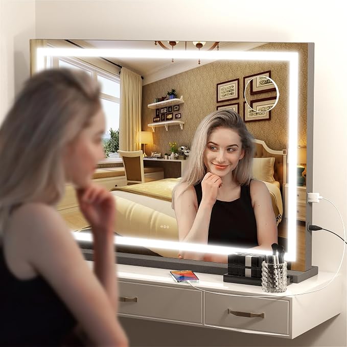 Hasipu Vanity Mirror with Lights, 32" x 22.4" LED Makeup Mirror, Lighted Makeup Mirror with Dimmable 3 Modes