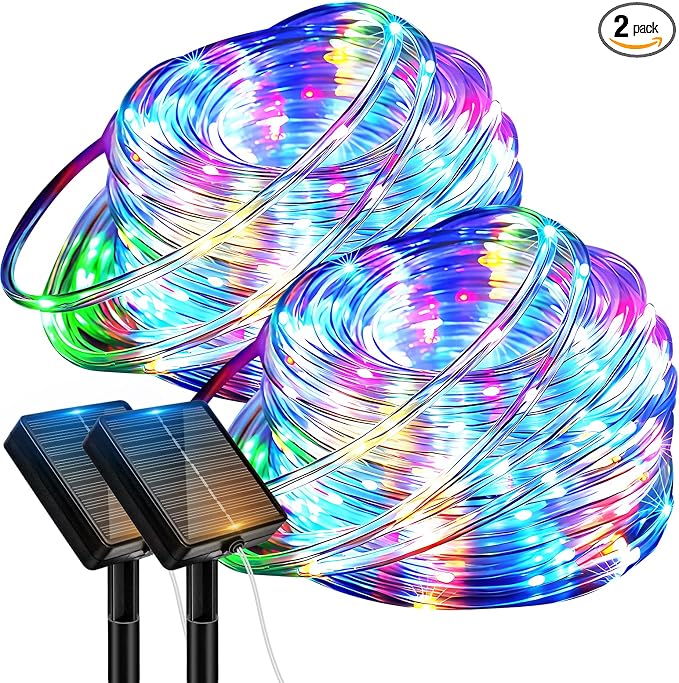 btfarm Solar Rope Lights, 120LED 46FT String Lights Outdoor Waterproof | 2 Pack 8 Modes, Timer Memory Function, Tube Trampoline lighting for Outside Garden Tree Christmas Yard Patio Decor,Multicolor