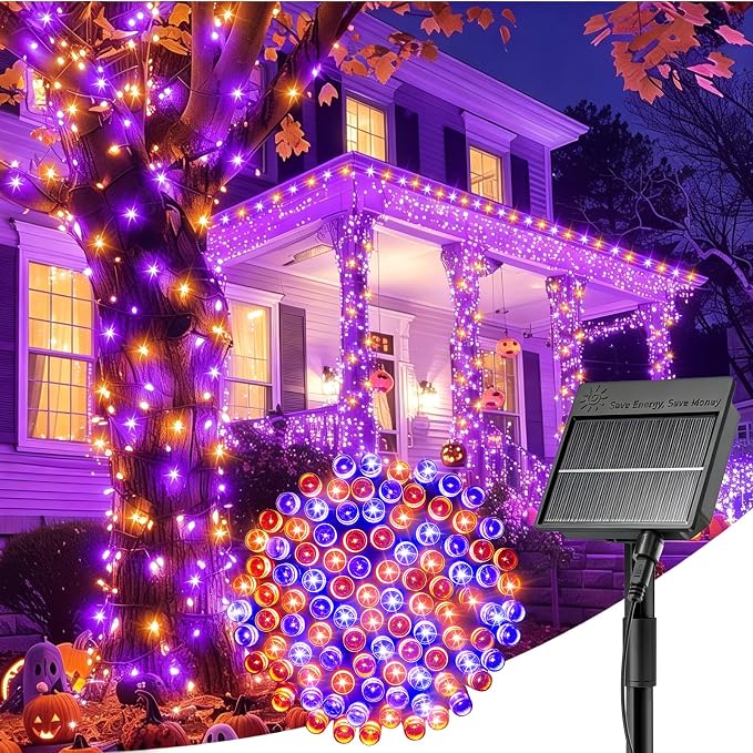 Minetom Solar Halloween Lights Outdoor, 40FT 100 LED Halloween String Light | Black Wire Halloween Decoration Outdoor with 8 Modes, Waterproof Solar String Lights for Outside Tree Yard, Orange & Purple