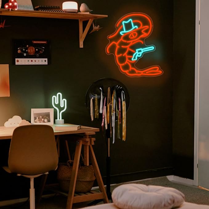 Cowboy Shrimp Neon Sign for Wall Decor Lobster Cowboy LED Light Sign Dimmable Seafood Light Up Sign For Man Cave Restaurants Pub Bar Bedroom Party