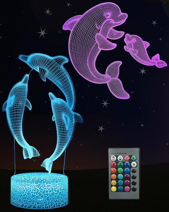 Dolphin 3D Illusion Night Light, Sea Animal Gift, 2 Patterns | 16 Colors Changing, Dimmable, Touch & Remote Control, Birthday Christmas Gift Lamp Toy for Boy Girl Toddler Kid Women
