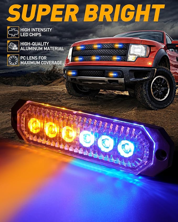 HLauto 406T Emergency Strobe Grille Lights: 4Pcs 6 LED Sync Feature Safety Warning Flashing Light, 12V-24V Ultra Slim Surface Mount Hazard Caution Light for Truck, Vehicle, Car, ATV, UTV (Amber Blue)