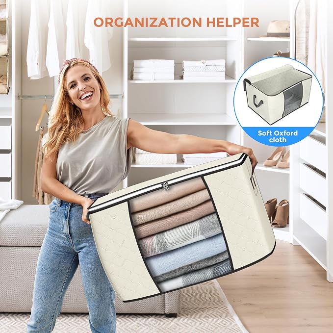 90L Large Storage Bags, 6 Pack Clothes Storage Bins Closet Organizers | Foldable Storage Containers, with Reinforced Handle, for Clothing, Blanket, Comforters, Bed Sheets, Pillows and Toys